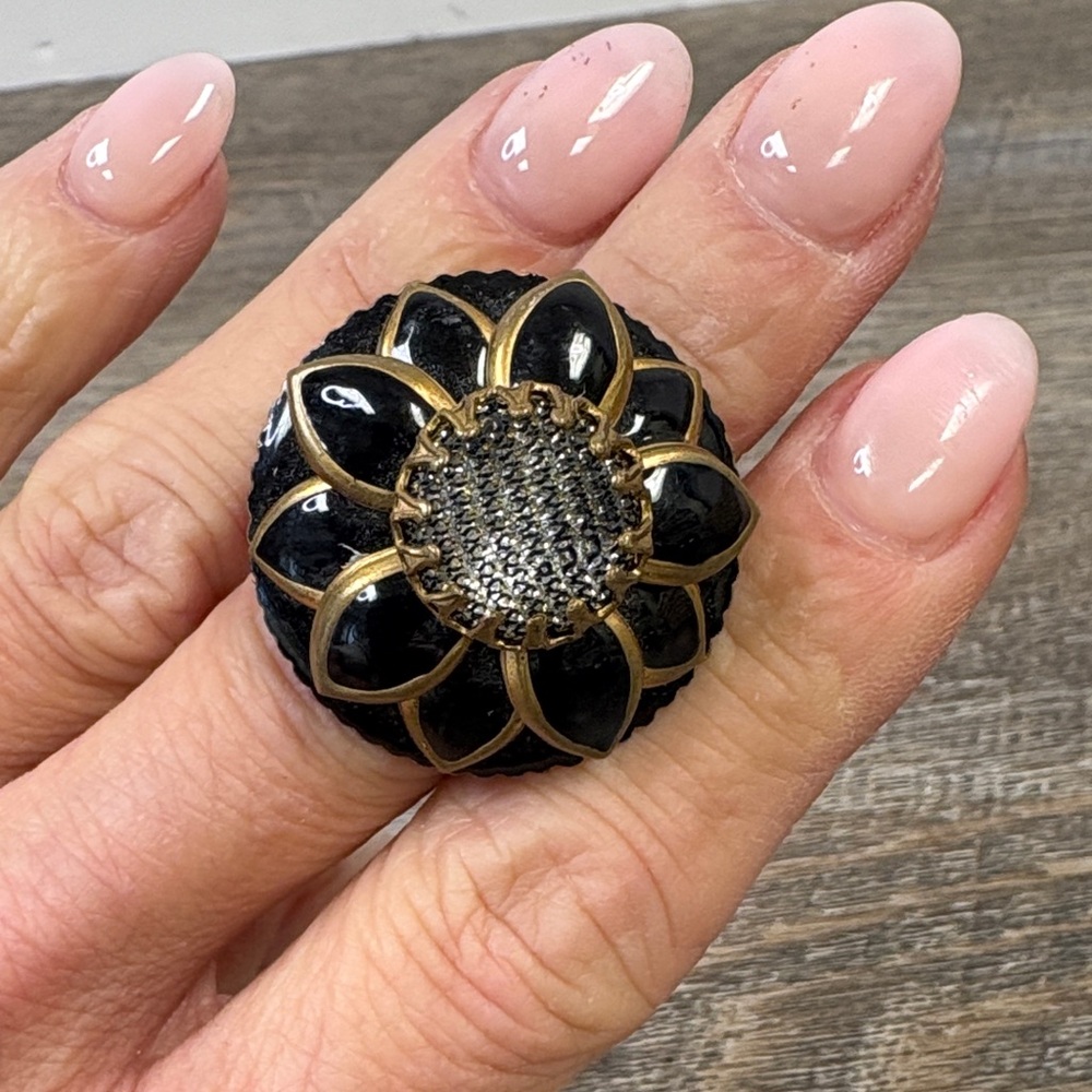 Vintage Ollipop Black Enamel Floral Statement Ring | Made in USA